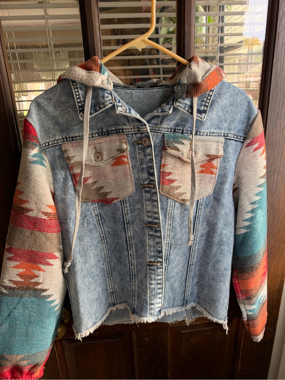 Southwestern Aztec Hooded Denim Jacket - Size Small -